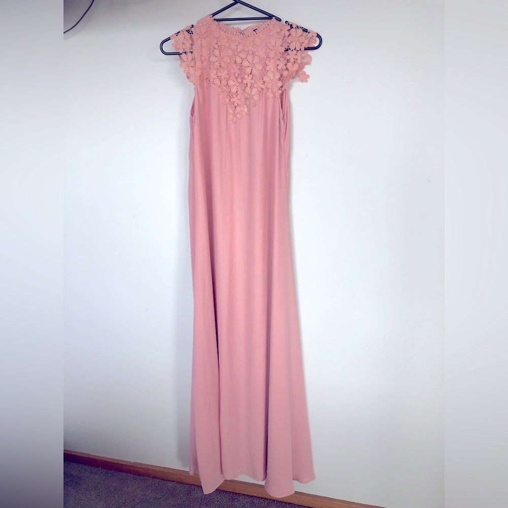 Blush Deep Pink High Neck Lace Detail Full Length Maxi Dress M Suit Size 10 - Picture 1 of 4